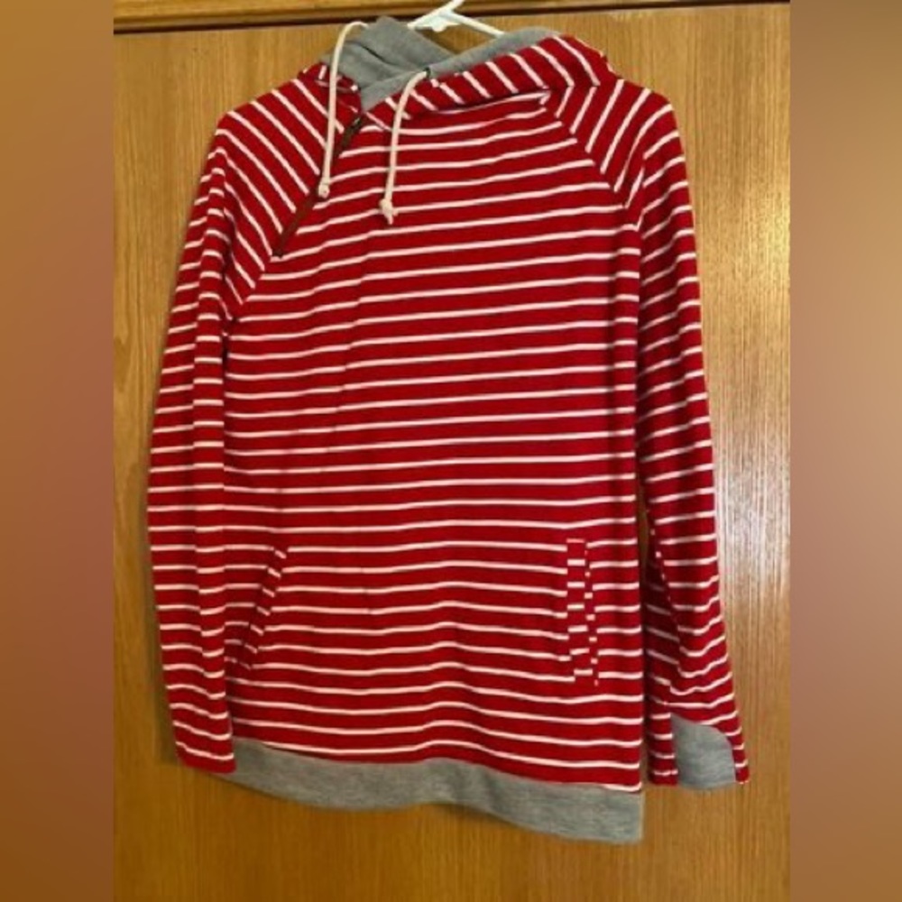 Red stripe double hooded sweatshirt
